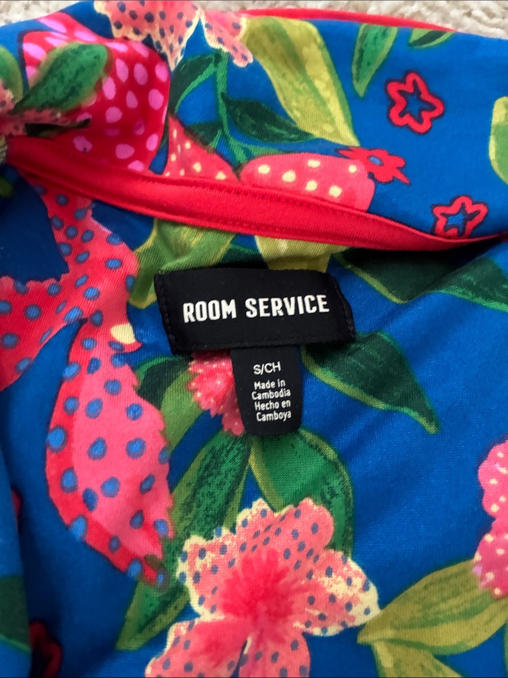Room Service Vibrant Floral Blue Button-Up Pajama Top and Pants (size small) - Picture 2 of 7